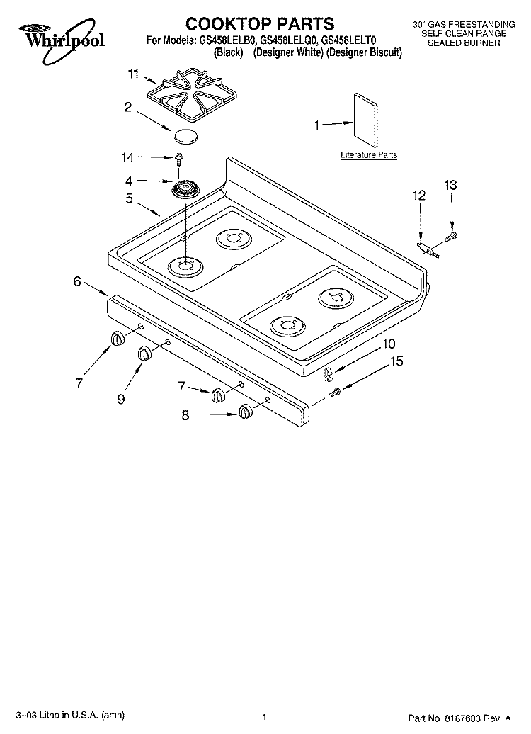 COOKTOP PARTS Diagram and Parts List for GS458LELB0  Whirlpool Range