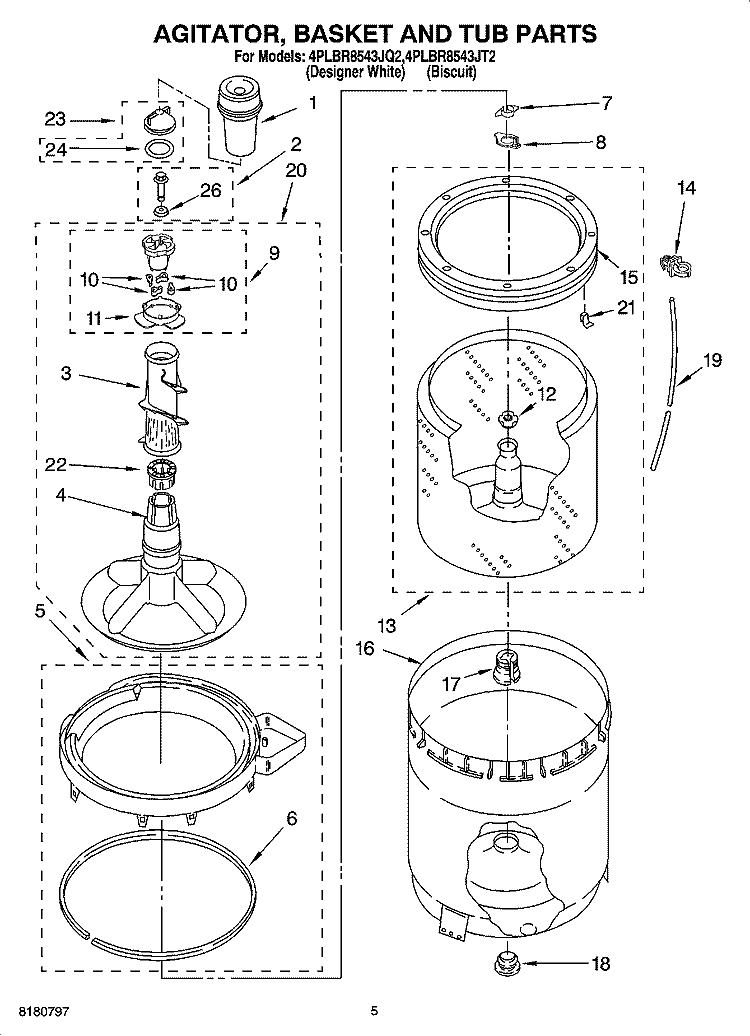 AGITATOR, BASKET AND TUB PARTS Diagram and Parts List for 4PLBR8543JT2  Whirlpool Washer