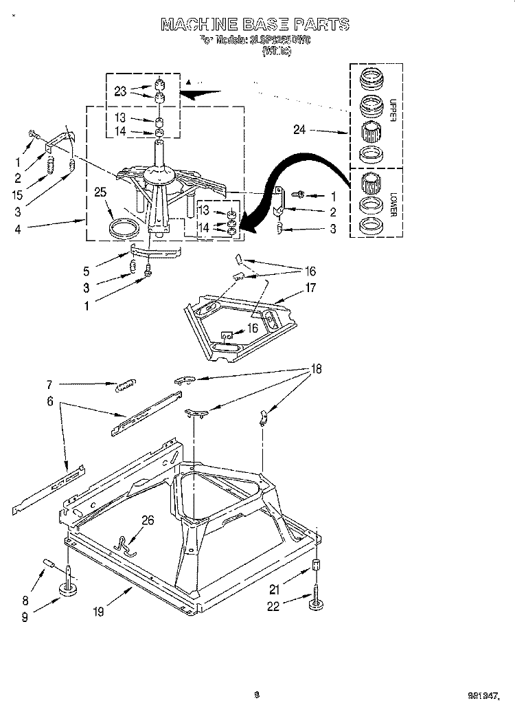 MACHINE BASE Diagram and Parts List for 3LSP8255DW0  Whirlpool Washer