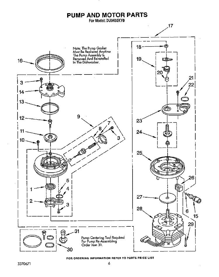 PUMP AND MOTOR Diagram and Parts List for DU9450XY0  Whirlpool Dishwasher