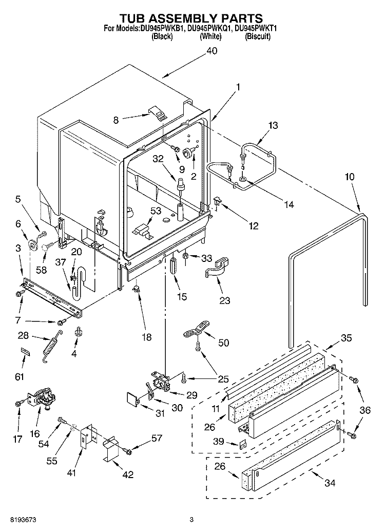 TUB ASSEMBLY Diagram and Parts List for DU945PWKT1  Whirlpool Dishwasher