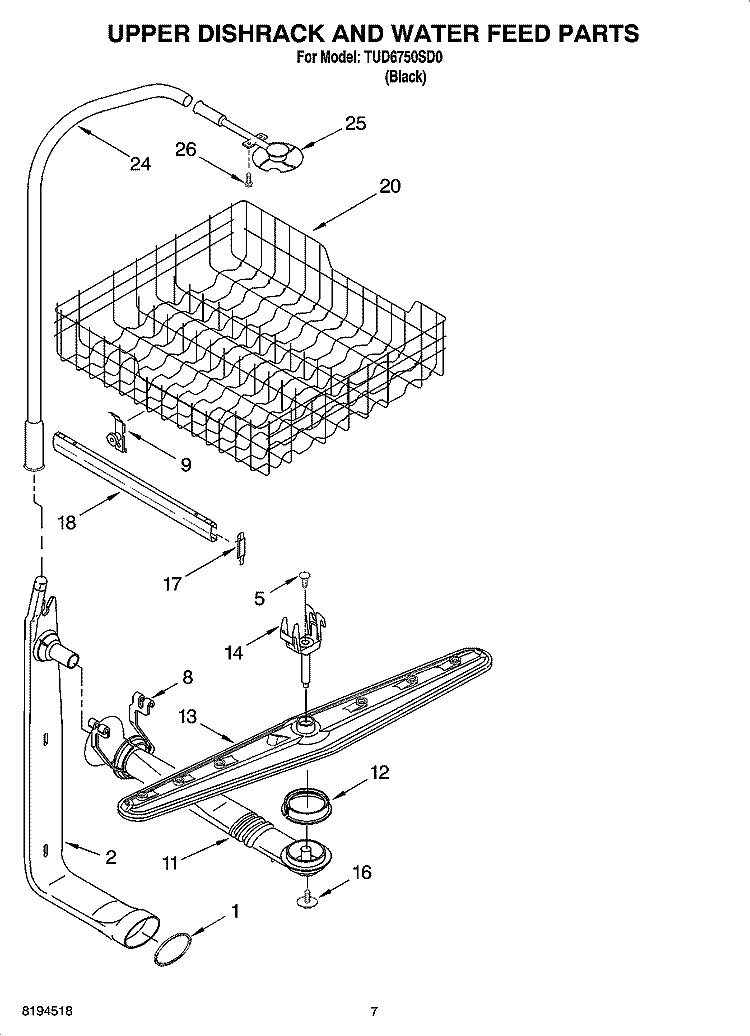 UPPER DISHRACK AND WATER FEED PARTS Diagram and Parts List for TUD6750SD0  Estate Dishwasher