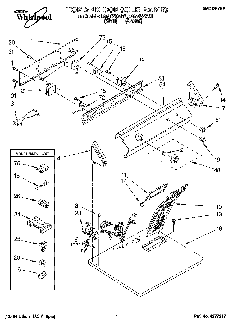 TOP AND CONSOLE, LIT/OPTIONAL Diagram and Parts List for LGV7646AW1  Whirlpool Dryer