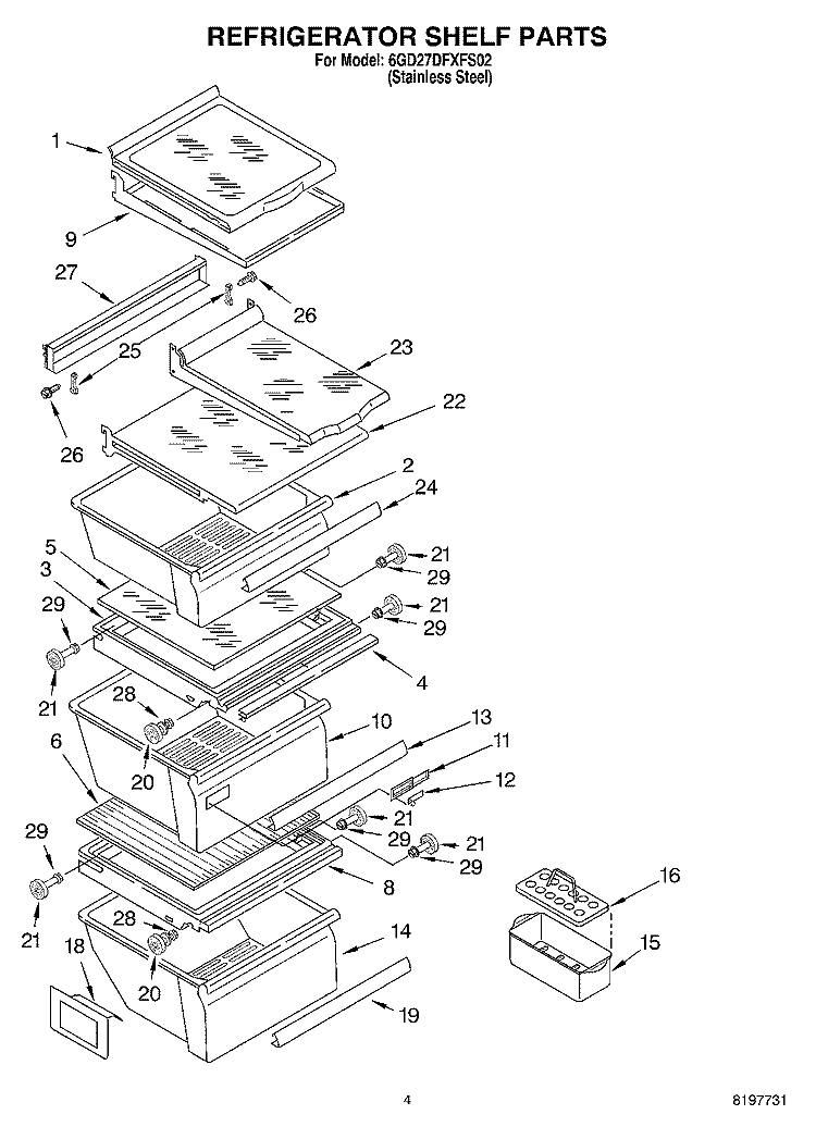 REFRIGERATOR SHELF Diagram and Parts List for 6GD27DFXFS02  Whirlpool Refrigerator