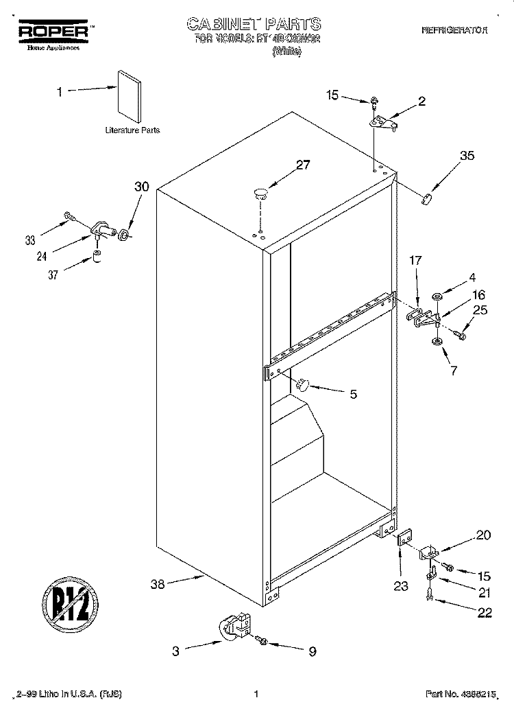 CABINET, LITERATURE Diagram and Parts List for RT14BKXGW02  Roper Refrigerator