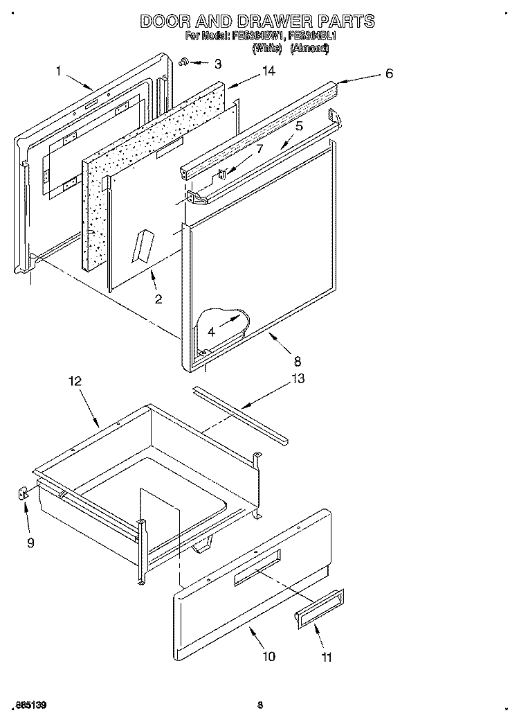 DOOR AND DRAWER Diagram and Parts List for FES364BW1  Roper Range