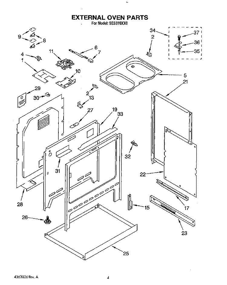 EXTERNAL OVEN Diagram and Parts List for SES370XX0  Roper Range