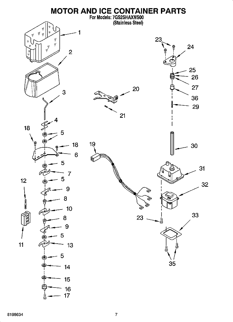 MOTOR AND ICE CONTAINER PARTS Diagram and Parts List for 7GS2SHAXMS00  Whirlpool Refrigerator