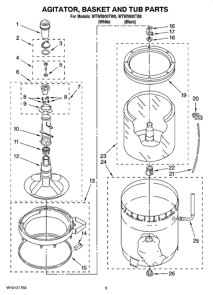 AGITATOR, BASKET AND TUB PARTS Diagram and Parts List for WTW5900TB0  Whirlpool Washer