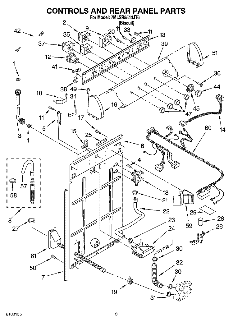 CONTROLS AND REAR PANEL PARTS Diagram and Parts List for 7MLSR8544JT6  Whirlpool Washer