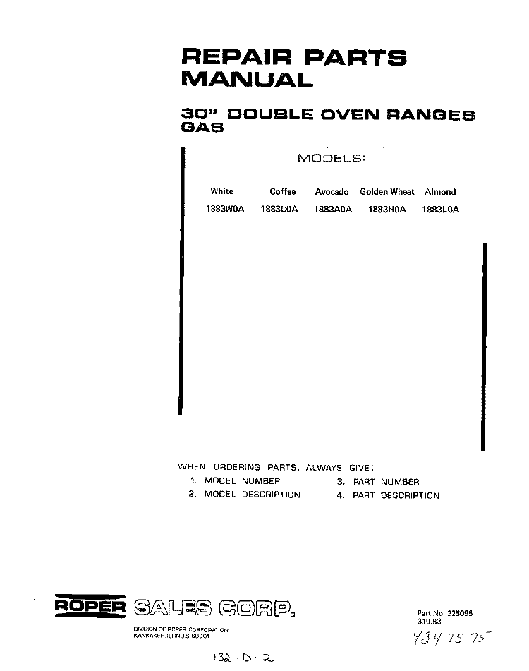 MAIN TOP Diagram and Parts List for 1883W0A  Roper Range