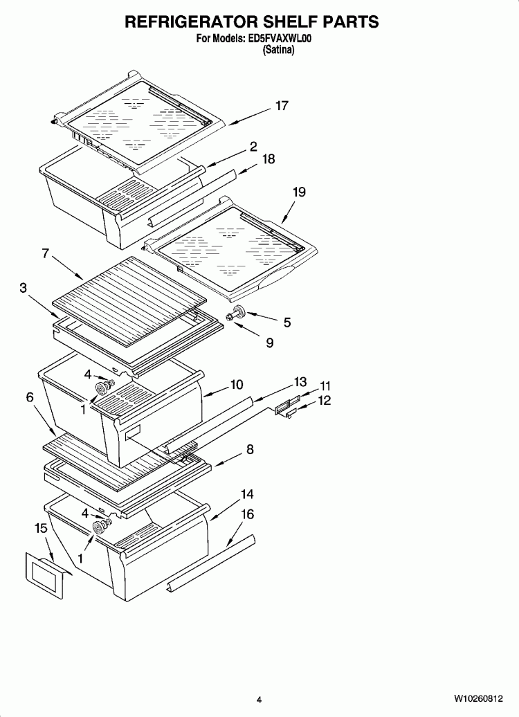 REFRIGERATOR SHELF PARTS Diagram and Parts List for ED5FVAXWL00  Whirlpool Refrigerator