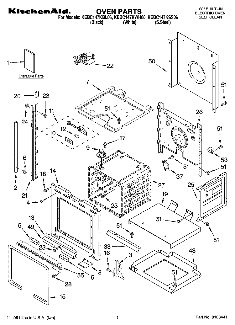 OVEN PARTS Diagram and Parts List for KEBC147KWH06  KitchenAid Wall Oven