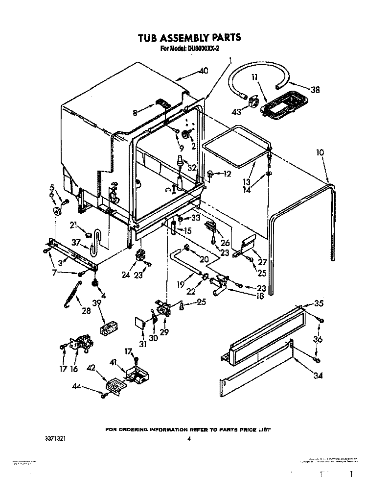 TUB ASSEMBLY, LIT/OPTIONAL Diagram and Parts List for DU8000XX2  Whirlpool Dishwasher