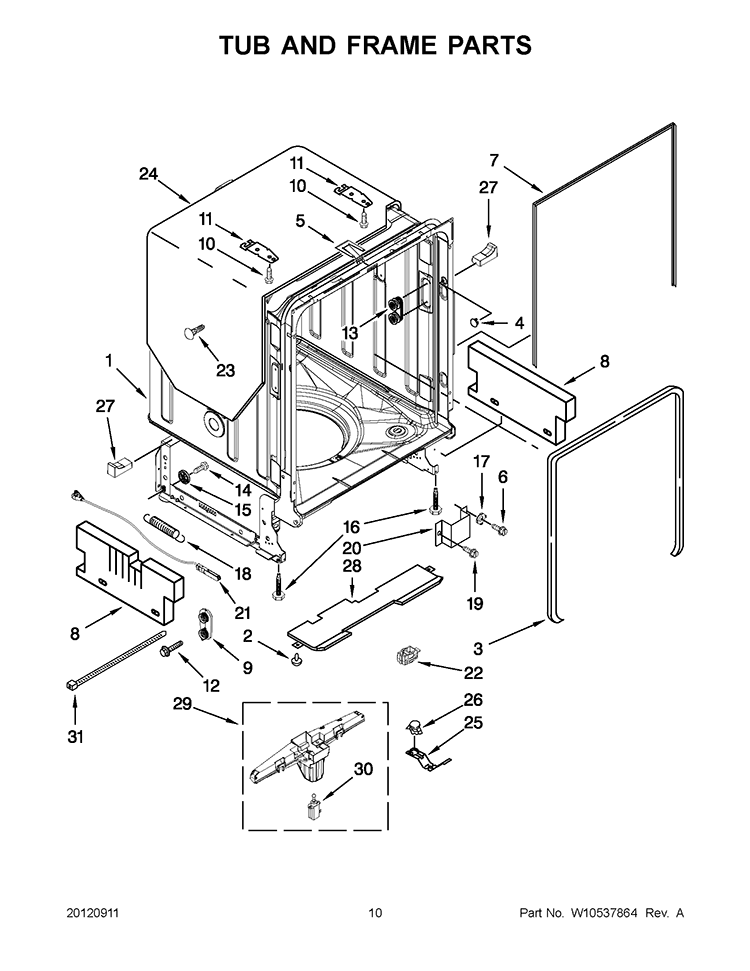 TUB AND FRAME PARTS Diagram and Parts List for KUDS30IBWH0  KitchenAid Dishwasher