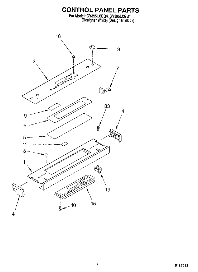 CONTROL PANEL Diagram and Parts List for GY395LXGQ4  Whirlpool Range