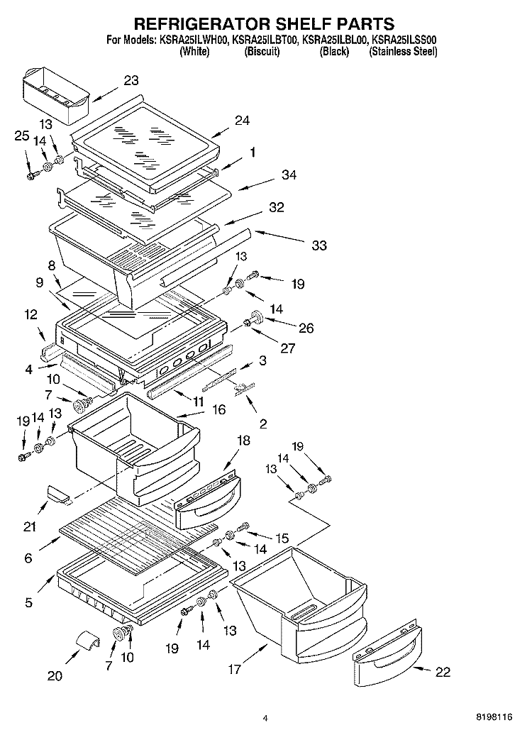REFRIGERATOR SHELF PARTS Diagram and Parts List for KSRA25ILWH00  KitchenAid Refrigerator