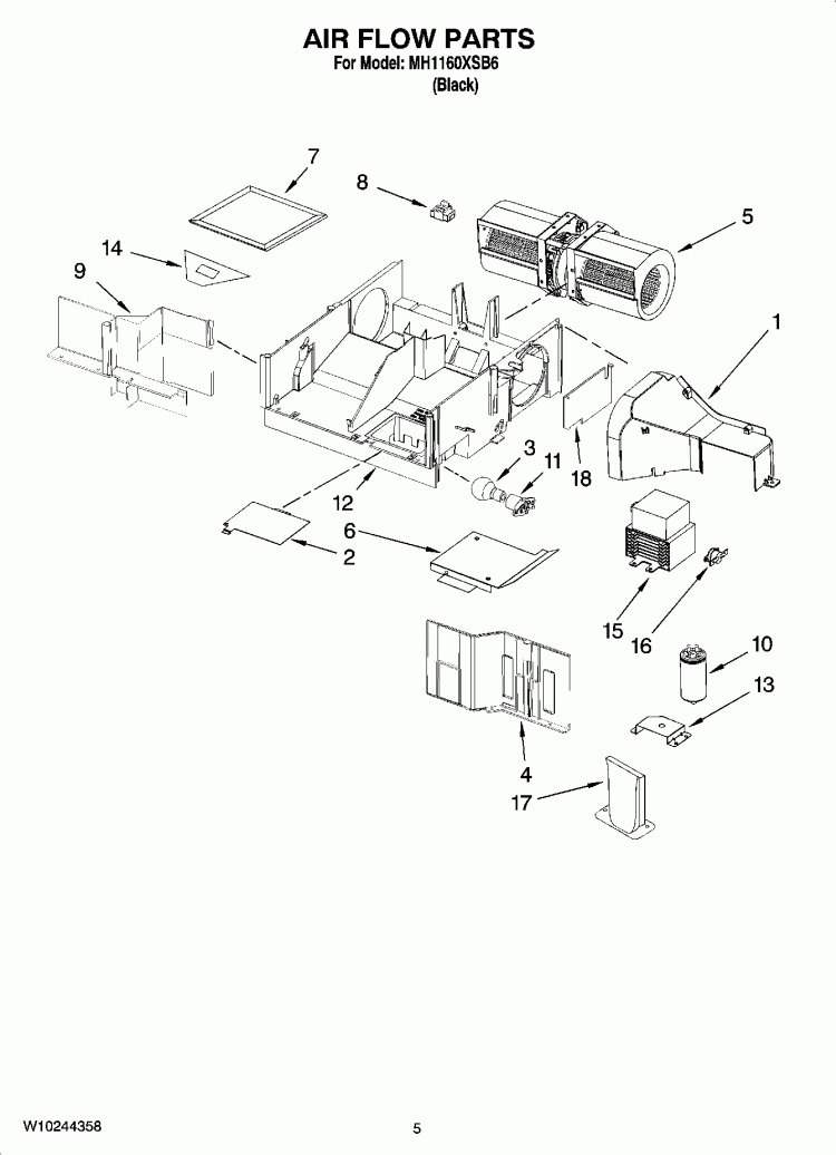 AIR FLOW PARTS Diagram and Parts List for MH1160XSB6  Whirlpool Microwave