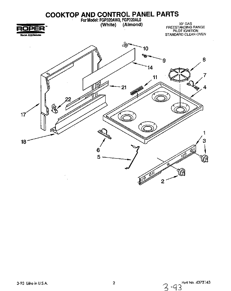 COOKTOP AND CONTROL PANEL, LIT/OPTIONAL Diagram and Parts List for FGP320AW0  Roper Range
