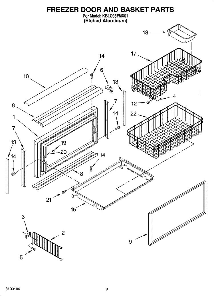 FREEZER DOOR AND BASKET PARTS Diagram and Parts List for KBLO36FMX01  KitchenAid Refrigerator