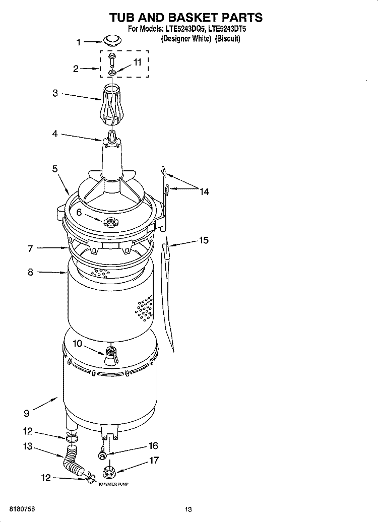 TUB AND BASKET PARTS Diagram and Parts List for LTE5243DQ5  Whirlpool Washer Dryer Combo