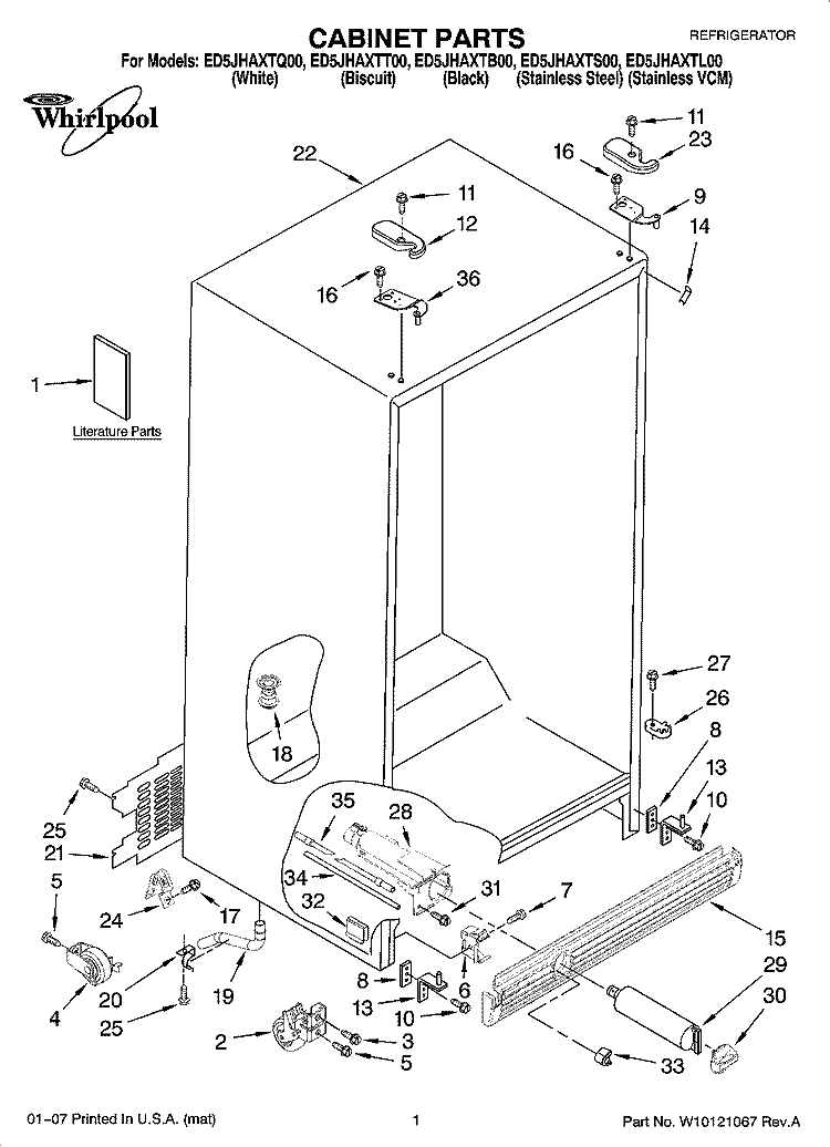 CABINET PARTS Diagram and Parts List for ED5JHAXTB00  Whirlpool Refrigerator