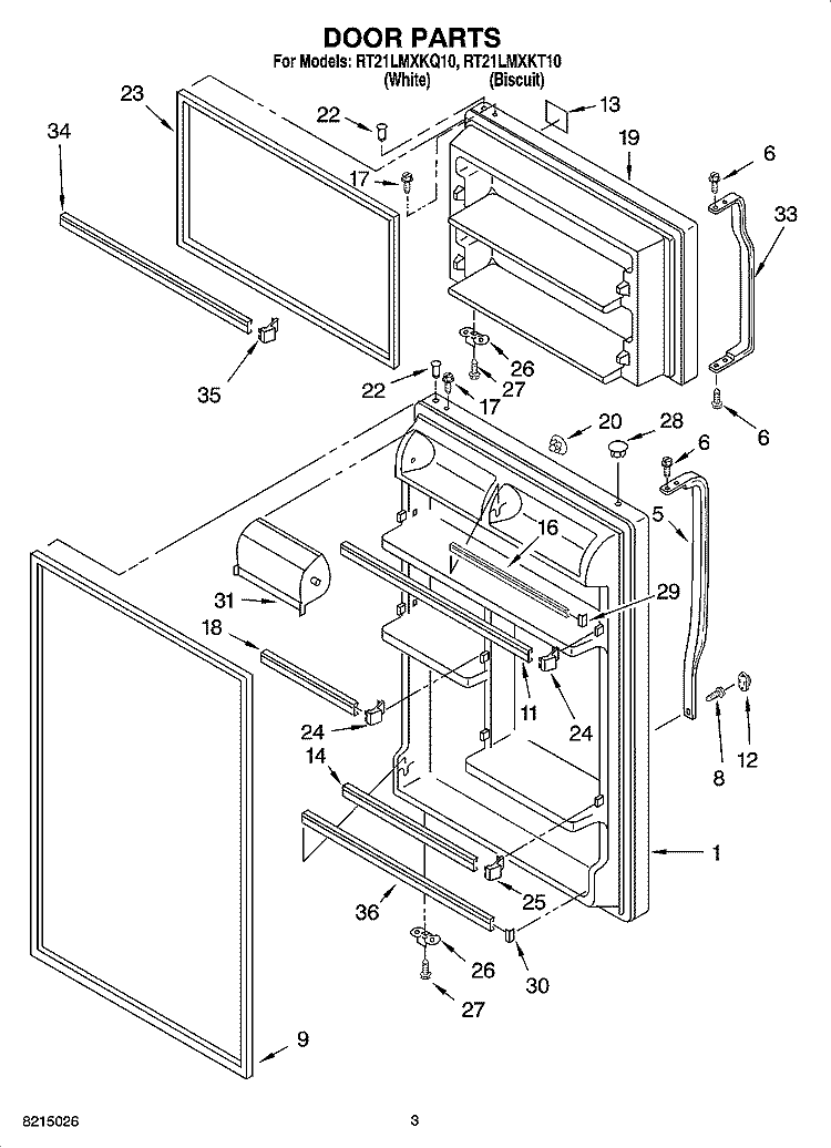 DOOR PARTS Diagram and Parts List for RT21LMXKQ10  Roper Refrigerator