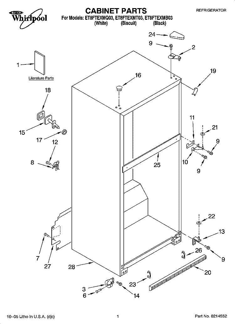 CABINET PARTS Diagram and Parts List for ET8FTEXMQ03  Whirlpool Refrigerator