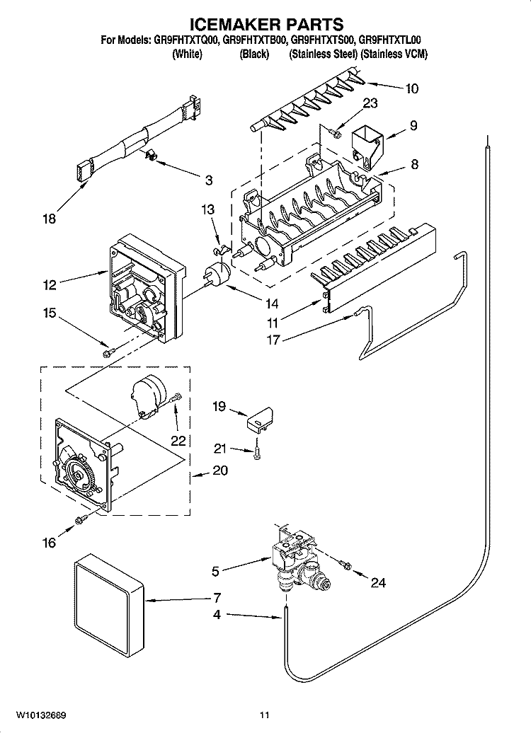 ICEMAKER PARTS Diagram and Parts List for GR9FHTXTL00  Whirlpool Refrigerator