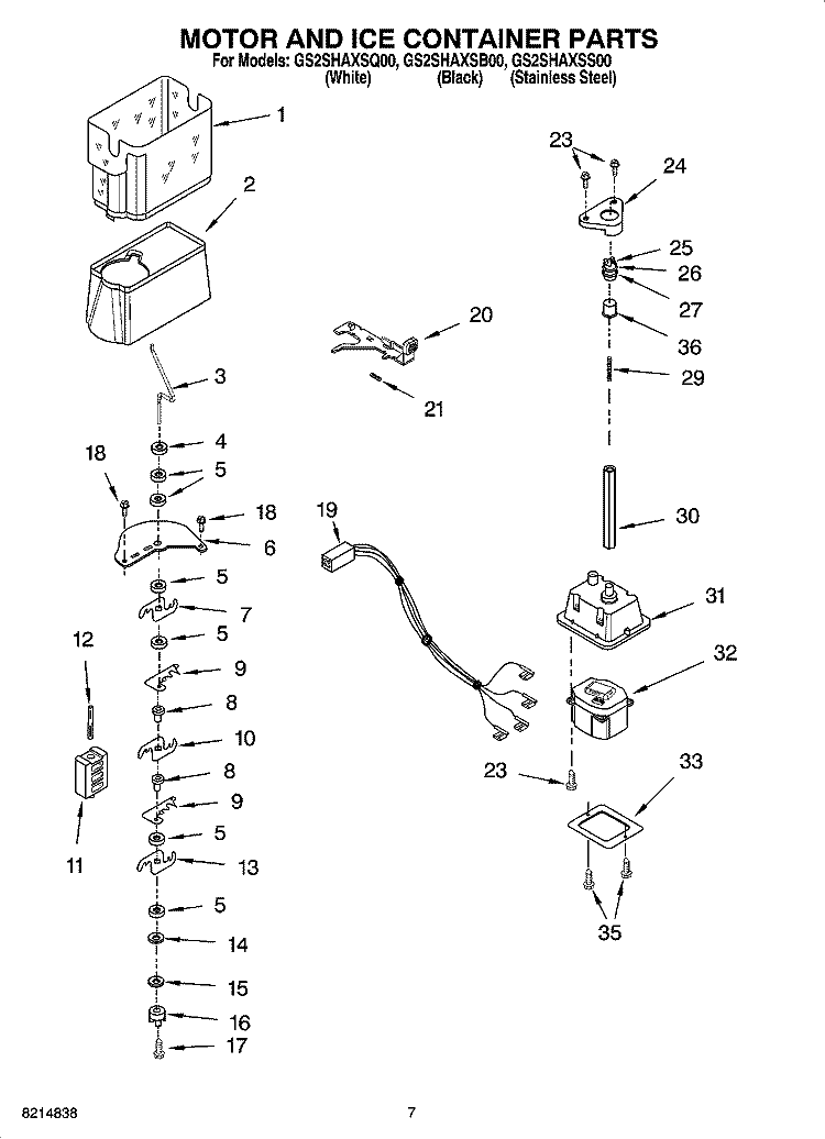 MOTOR AND ICE CONTAINER PARTS Diagram and Parts List for GS2SHAXSB00  Whirlpool Refrigerator