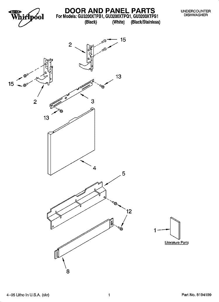 DOOR AND PANEL PARTS Diagram and Parts List for GU3200XTPB1  Whirlpool Dishwasher
