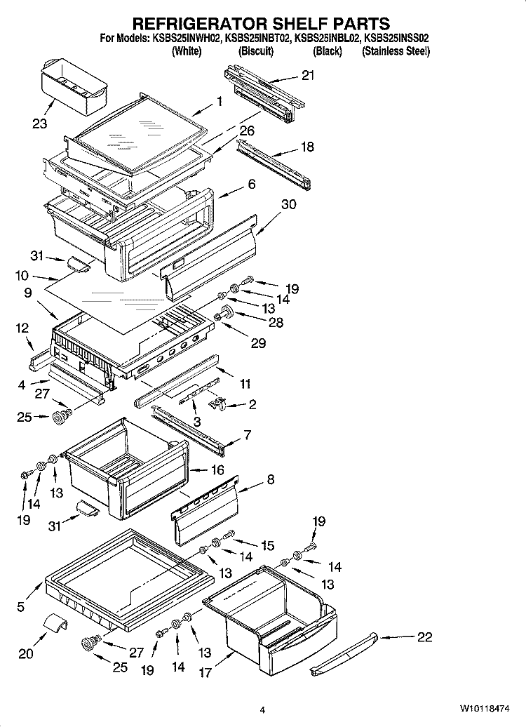 REFRIGERATOR SHELF PARTS Diagram and Parts List for KSBS25INBL02  KitchenAid Refrigerator