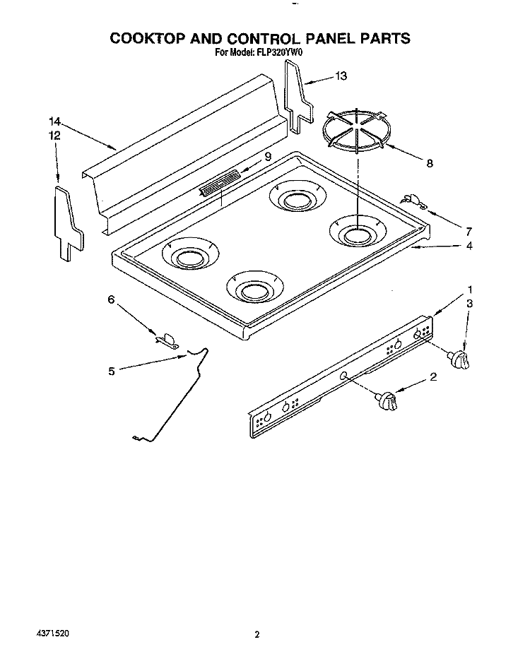 COOKTOP AND CONTROL PANEL, LIT/OPTI Diagram and Parts List for FLP320YG0  Roper Range