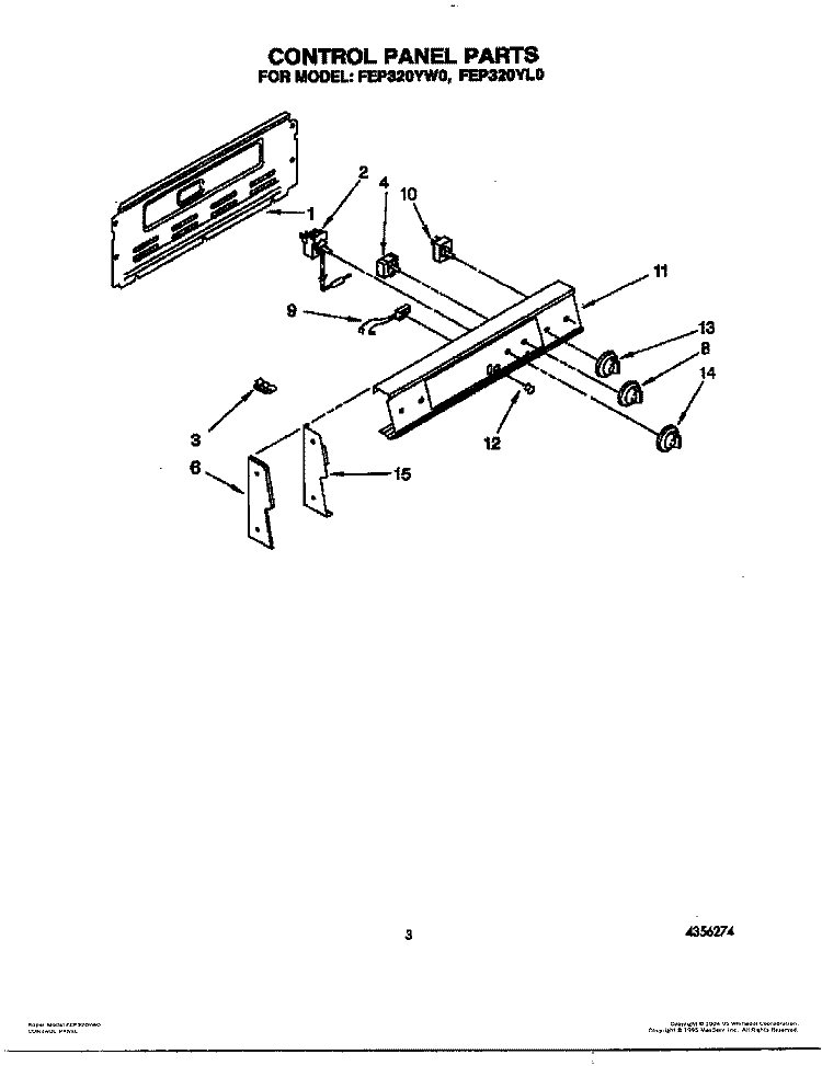 CONTROL PANEL Diagram and Parts List for FEP320YW0  Roper Range