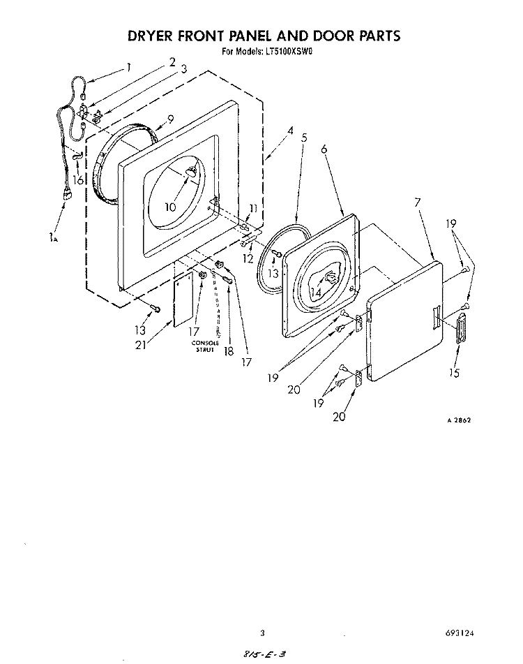 DRYER FRONT PANEL AND DOOR Diagram and Parts List for LT5100XSW0  Whirlpool Washer Dryer Combo