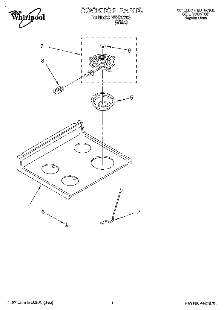 COOKTOP, LITERATURE Diagram and Parts List for WDE32202  Whirlpool Range