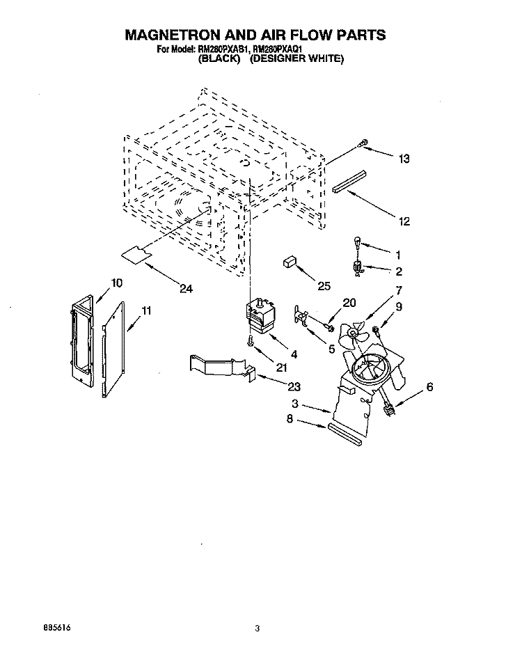 MAGNETRON AND AIR FLOW Diagram and Parts List for RM280PXAB1  Whirlpool Microwave Oven Combo
