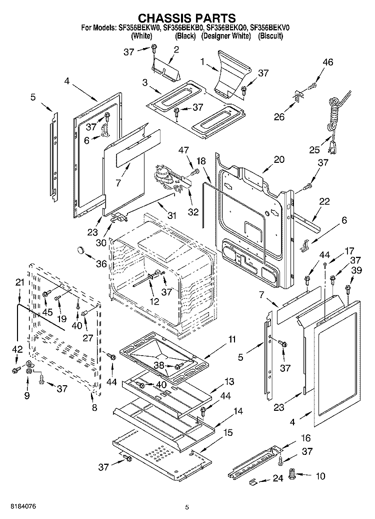 CHASSIS Diagram and Parts List for SF356BEKQ0  Whirlpool Range