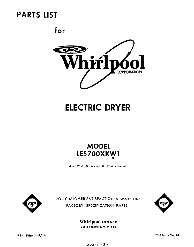 SECTION Diagram and Parts List for LE5700XKW1  Whirlpool Dryer