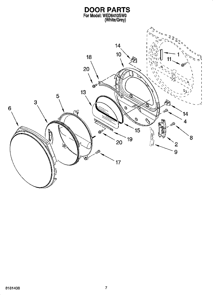 DOOR PARTS, OPTIONAL PARTS (NOT INCLUDED) Diagram and Parts List for WED8410SW0  Whirlpool Dryer