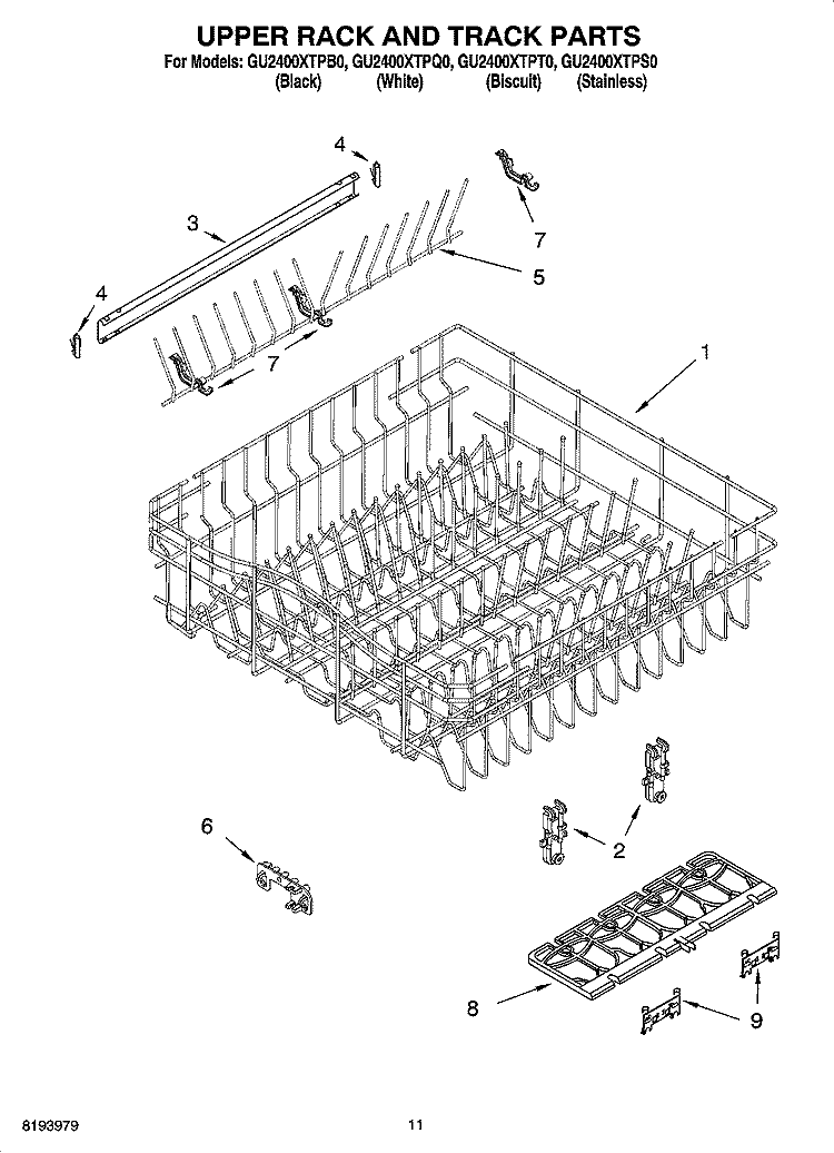 UPPER RACK AND TRACK PARTS Diagram and Parts List for GU2400XTPB0  Whirlpool Dishwasher