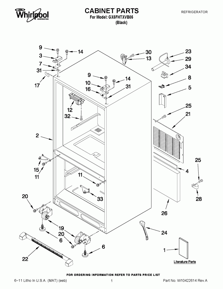 CABINET PARTS Diagram and Parts List for GX5FHTXVB05  Whirlpool Refrigerator
