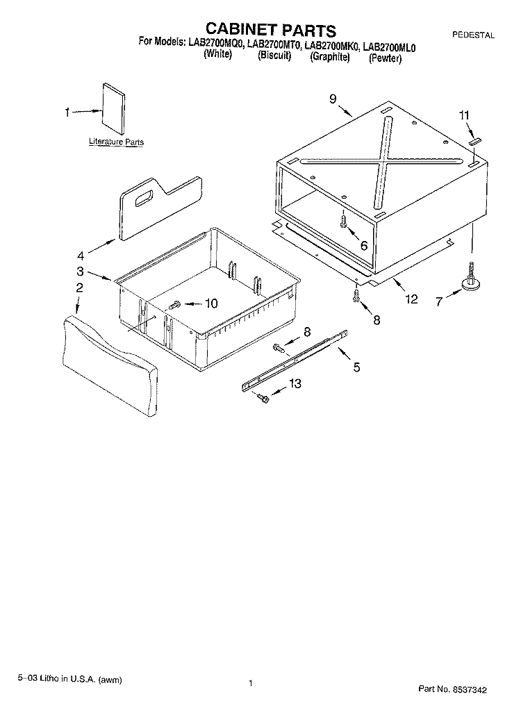 CABINET PARTS Diagram and Parts List for LAB2700ML0  Whirlpool Laundry Accessories