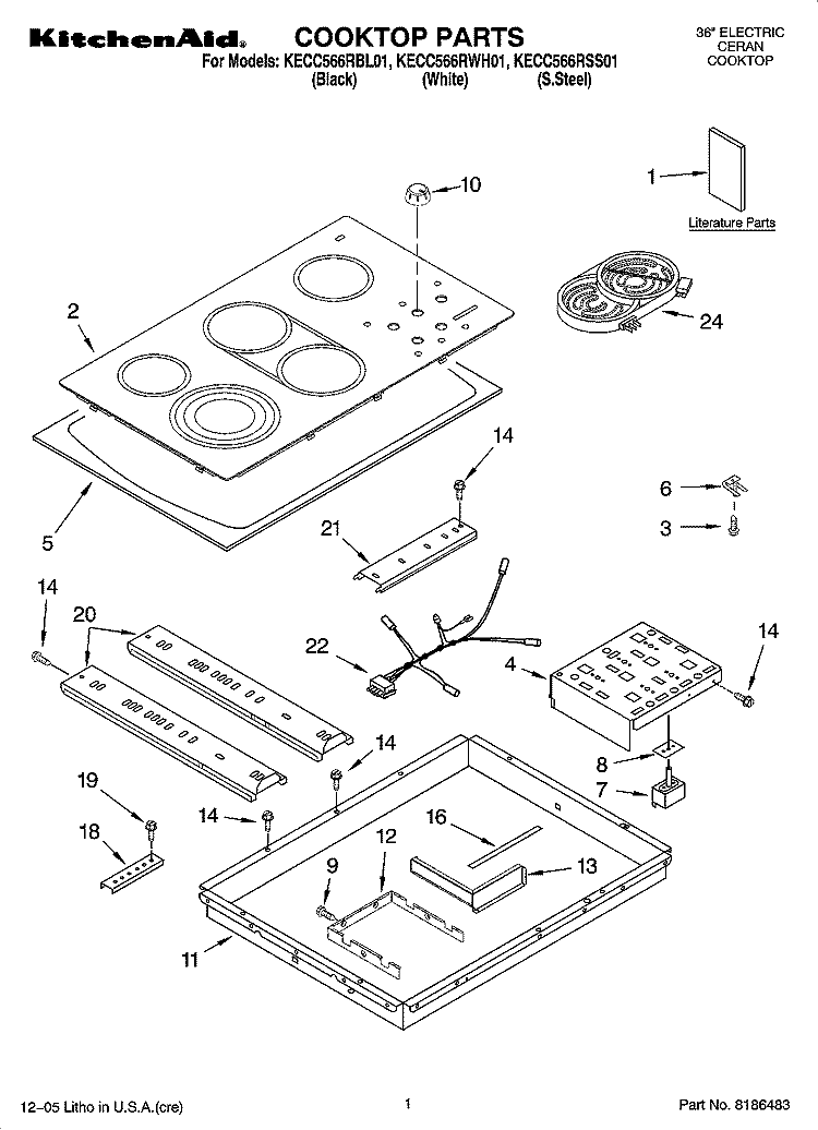 COOKTOP PARTS, OPTIONAL PARTS Diagram and Parts List for KECC566RSS01  KitchenAid Cooktop