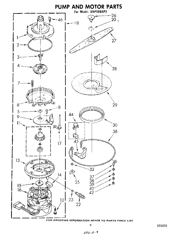 PUMP AND MOTOR Diagram and Parts List for SHF5884P2  Whirlpool Dishwasher