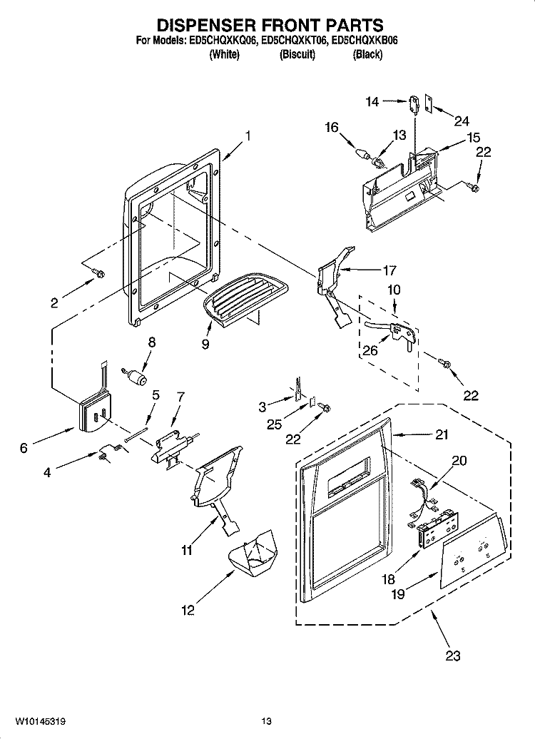 DISPENSER FRONT PARTS Diagram and Parts List for ED5CHQXKQ06  Whirlpool Refrigerator