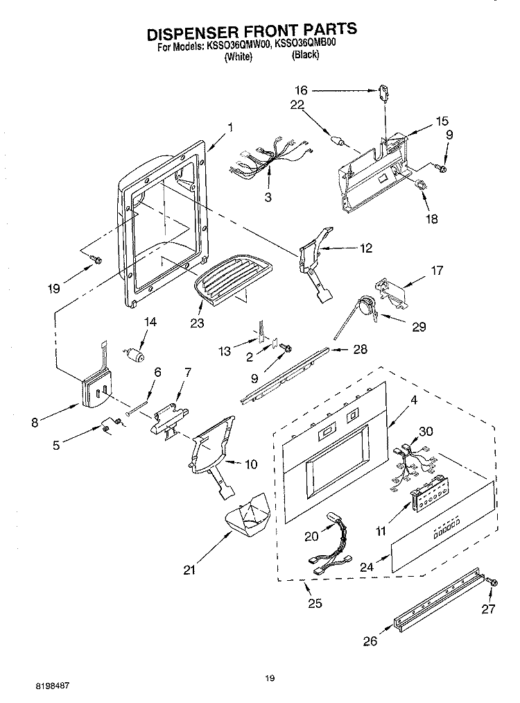 DISPENSER AND FRONT PARTS Diagram and Parts List for KSSO36QMB00  KitchenAid Refrigerator