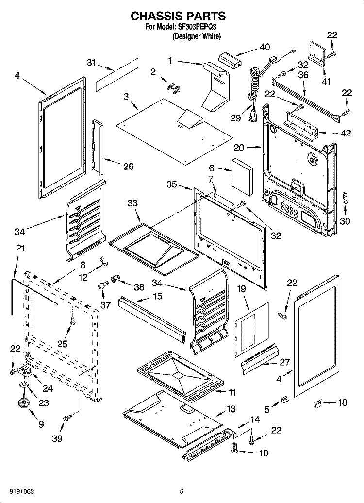 CHASSIS PARTS Diagram and Parts List for SF303PEPQ3  Whirlpool Range