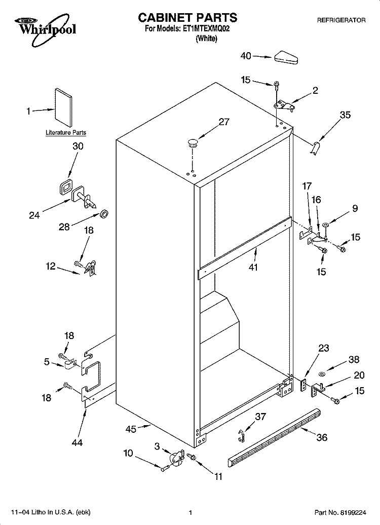 CABINET PARTS Diagram and Parts List for ET1MTEXMQ02  Whirlpool Refrigerator