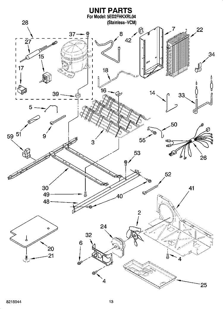 UNIT PARTS, OPTIONAL PARTS (NOT INCLUDED) Diagram and Parts List for 5ED2FHKXRL04  Whirlpool Refrigerator